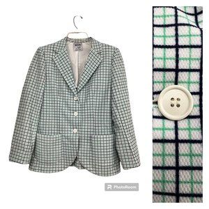 Vtg 70s Women Plaid Jacket Tag Sz 12 Blue Green Polyester Double Knit Mod Retro
